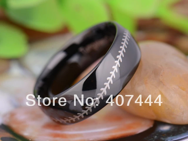 Baseball Ring, Baseball Stitch Pattern Ring, Black Tungsten Ring