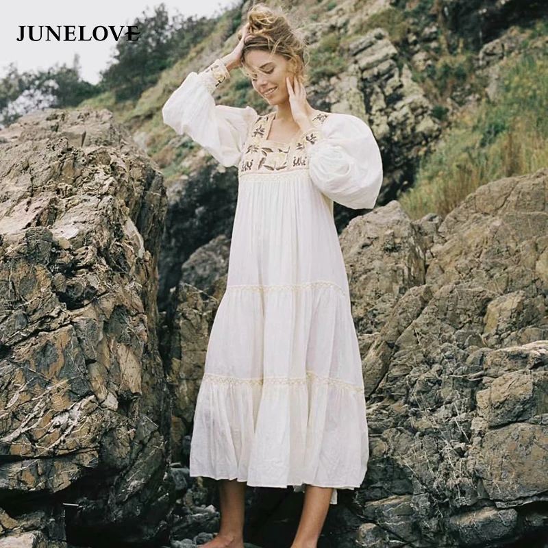 JuneLove Women Square Collar Long Maxi Dress Vintage Floral Embroidery Female Boho Dress Casual Holiday Lady Loose Beach Dress