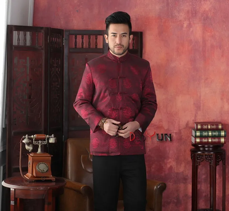 

New Fashion Burgundy Winter Thick Male Polyester Overcoat Chinese Cotton-padded Jacket Traditional Tang Suit S M L XL XXL XXXL