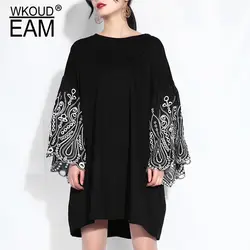 WKOUD EAM 2019 Новое весенне-летнее черное кружевное комбинированное платье с круглым вырезом и длинными рукавами-фонариками большого размера
