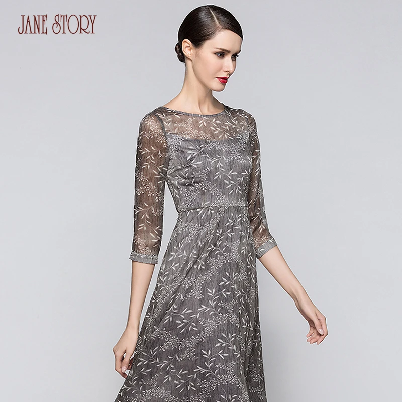 Jane Story three quarter sleeve A line chiffon slim elegant print lady's flared dress 2017