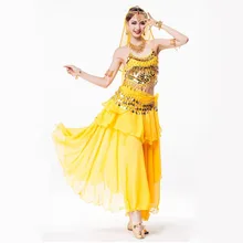 Women Bollywood Dance Wear 4-piece Costume Set Rhinestone Headpiece, Halter Top, Coin Belt and Skirt Indian Belly Dance Costumes