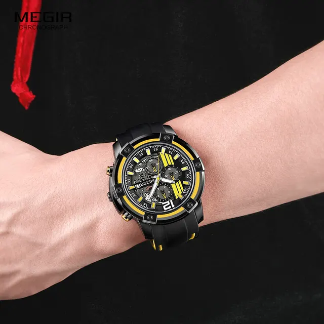 Megir Men's Black Silicone Strap Quartz Watches Chronograph Sports Wristwatch for Man 3atm Waterproof Luminous Hands 2097 Yellow 5