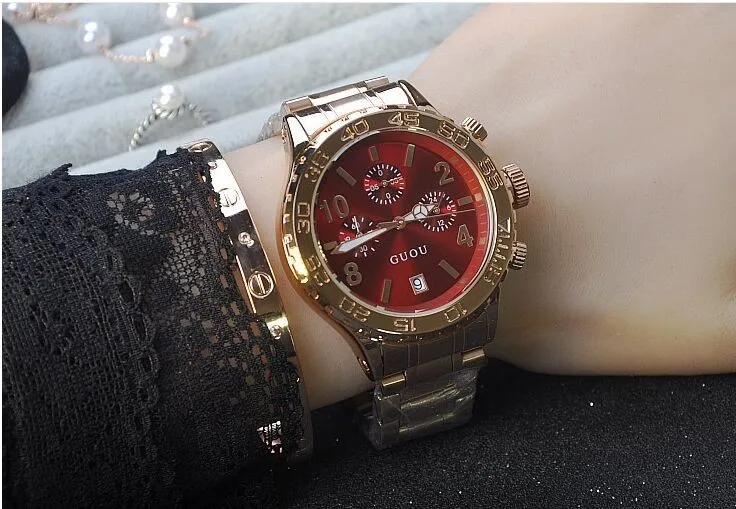 Guou бренд наручные часы повседневные часы высокого класса женские часы из нержавеющей стали ремешок с календарем большой циферблат