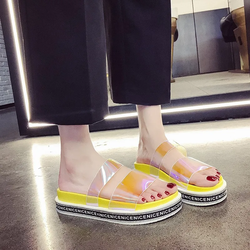 

Rimocy yellow pvc transparent slides women summer beach vacation high platform sandals casual ladies flip flops woman shoes 2019