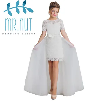 

Long WhiteTulle Rose Flower girls Party Dress With Detachable Train Comunion girls pageant dresses 2019 vestido flores