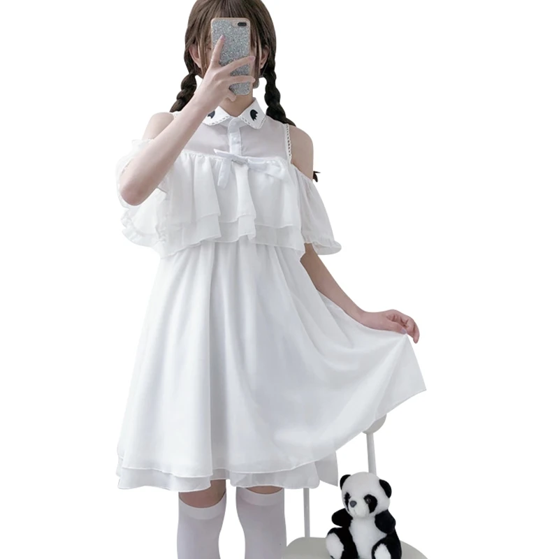 

Summer Japanese Kawaii Women Lace Bow Dress Harajaku Lovely Bat Lolita Cute Ruffle Off Shoulder Chiffon White Dress Femme 2019