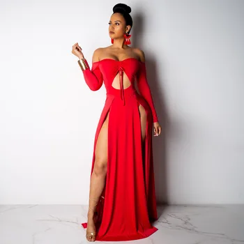 

Selling Split Off Shoulder Full Sleeve Backless Long Dresses Sexy Slash Neck Hollow Out Bandage Maxi Dresses