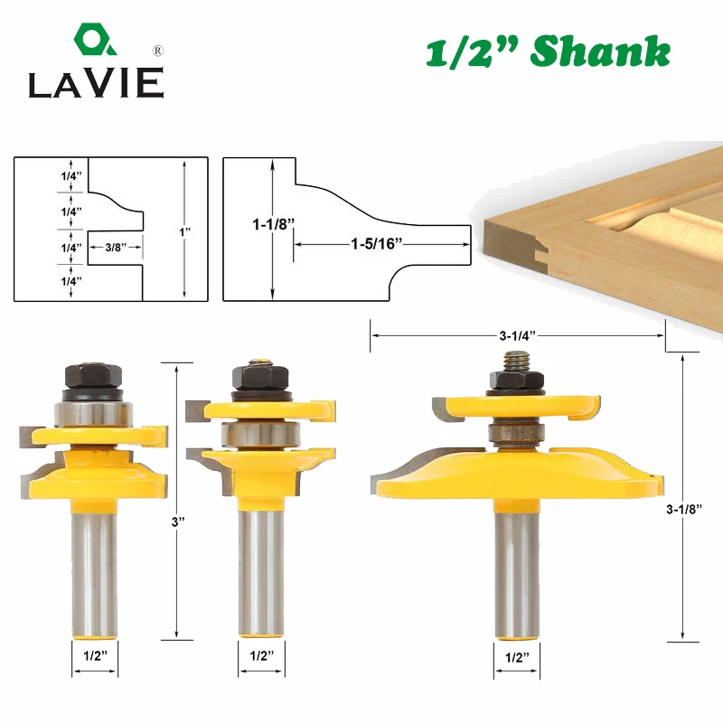

3PCS 12MM 1/2" Ogee Rail & Stile Backcutter Router Bit Panel Raiser Milling Cutter for Wood Set Woodworking Tenon Bits MC03083