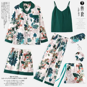 

Leaves,pajamas, women, spring and autumn, long sleeves, pure cotton, Seven piece set, suspenders, sexy summer and winter wear,