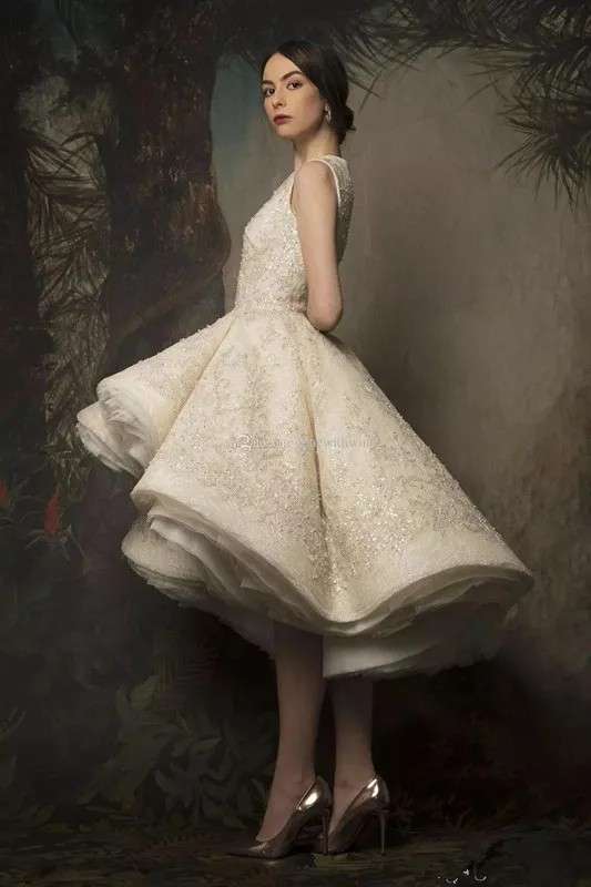 US $102.88 Dlass Krikor Jabotian Cocktail Dresses High Low 2020 Jewel Neck Lace Sequined Evening Gowns Sexy Women Robe De Soirée De Mariage