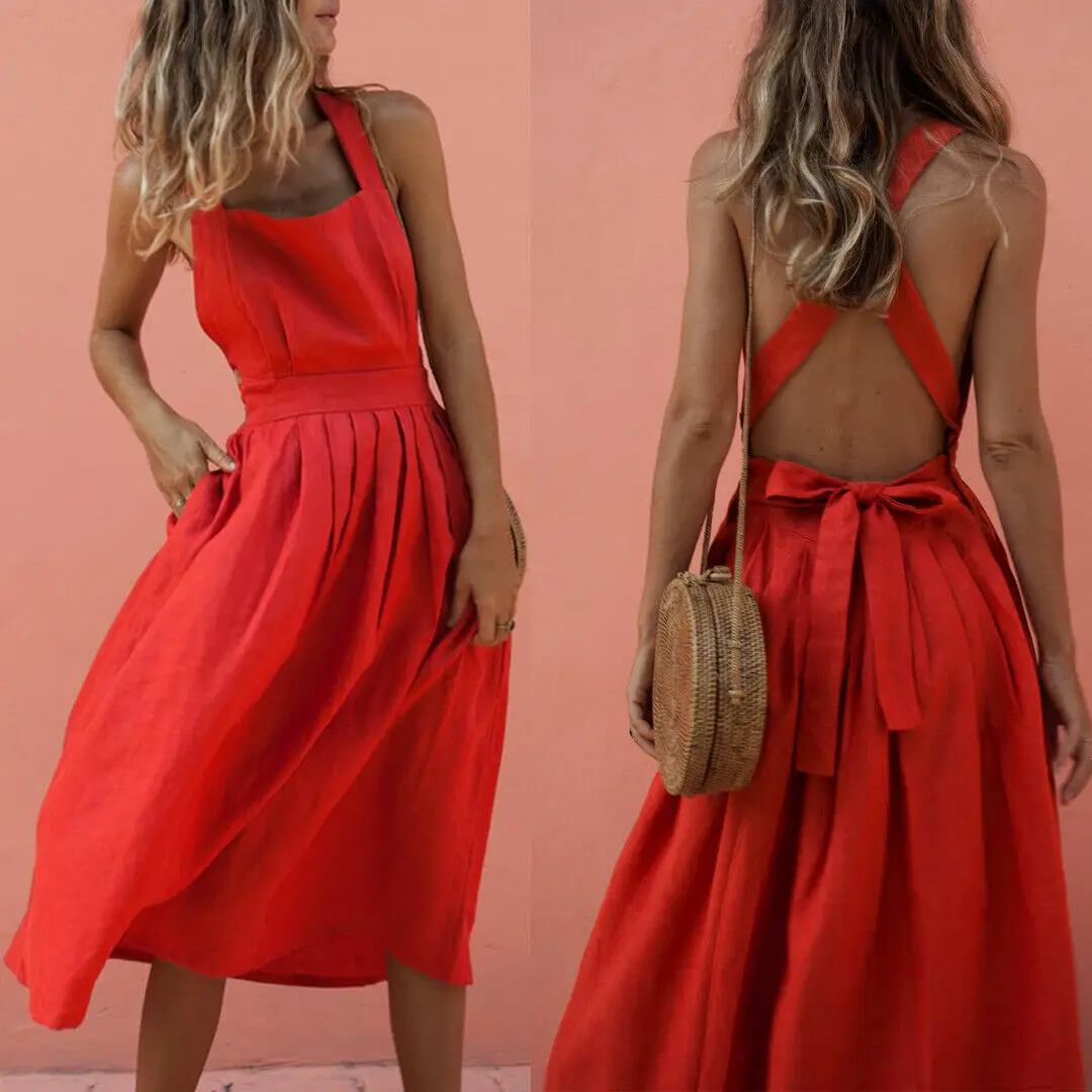 

Sexy Womens Halter Backless Cross Button Sleeveless Strappy Party Boho Midi Dress Sundress