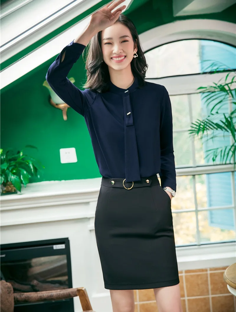 Fashion Ladies Navy blue Blouses & Shirts Women Business Suits Two