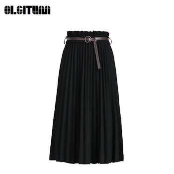 

New 2020 Autumn Winter High Quality Women Simple Solid Slim Knit High Waist with Belt Pleated Skirt Black Green Gray Female