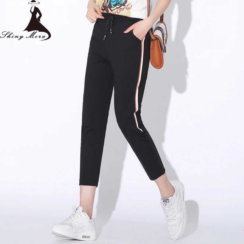 

2018 Summer Casual Sweatpants for Women Mid Waist Drawstring Elasticity Harem Pants Female Black Side Striped Loose Trousers