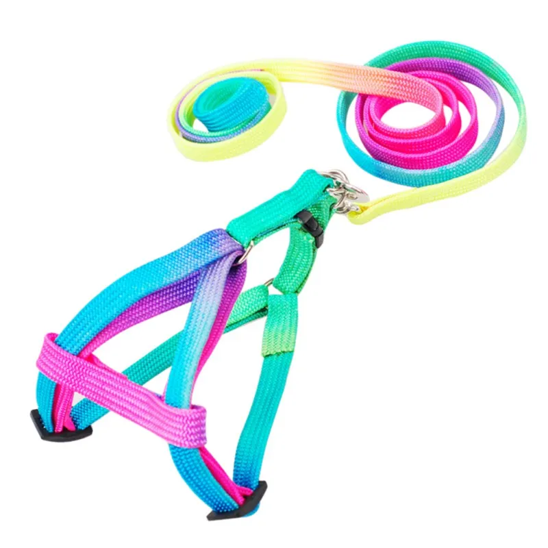 New 1PC Colorful Rainbow Pet Dog Collar Harness Leash Soft Walking