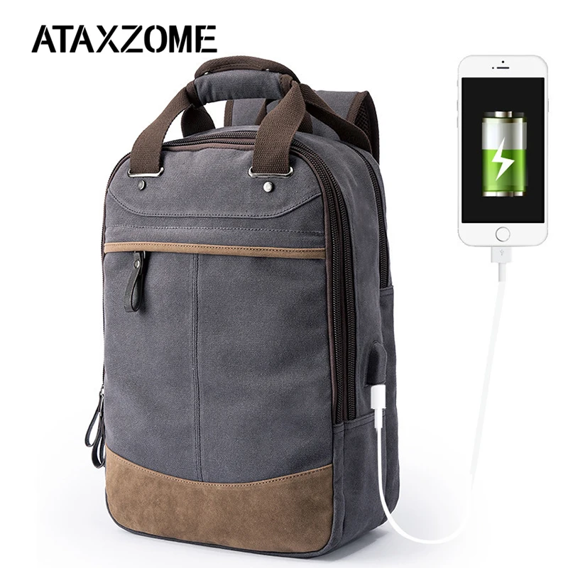 

ATAXZONE High Quality Men's Backpack 14 Inch Canvas USB Charging Backpack Multifunction Bag