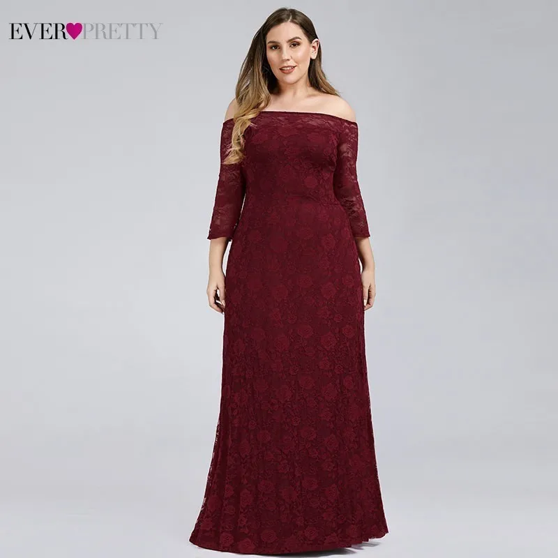 

Plus Size Burgundy Evening Dresses Ever Pretty EP00814BD A-Line Off The Shoulder Elegant Lace Formal Dresses Robe De Soiree 2020