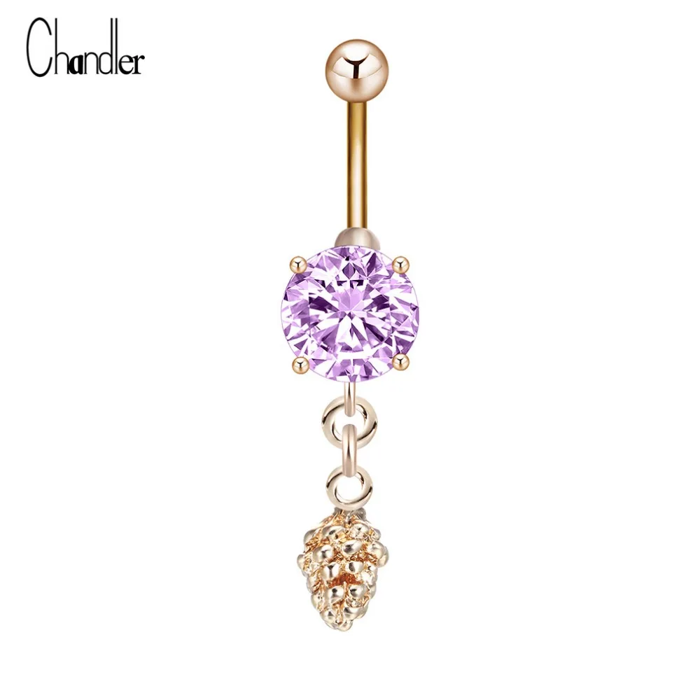 Pine Cones Dangle Crystal Belly Button Ring 316l Surgical Steel Bar 