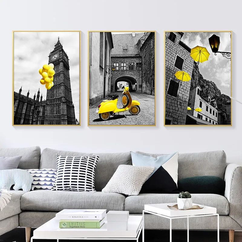 Modern-City-Building-Art-Canvas-Painting-Poster-Yellow-Umbrella-Motorcycle-Canvas-Print-Home-Decor-Picture-For