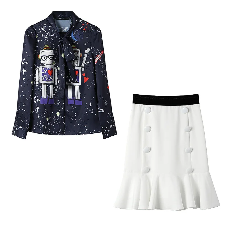 

The Same European Fashion Robot Printing Long-sleeved Top Woman 2019 Mandarin Collar Print Button Full Women Blouse Shirts