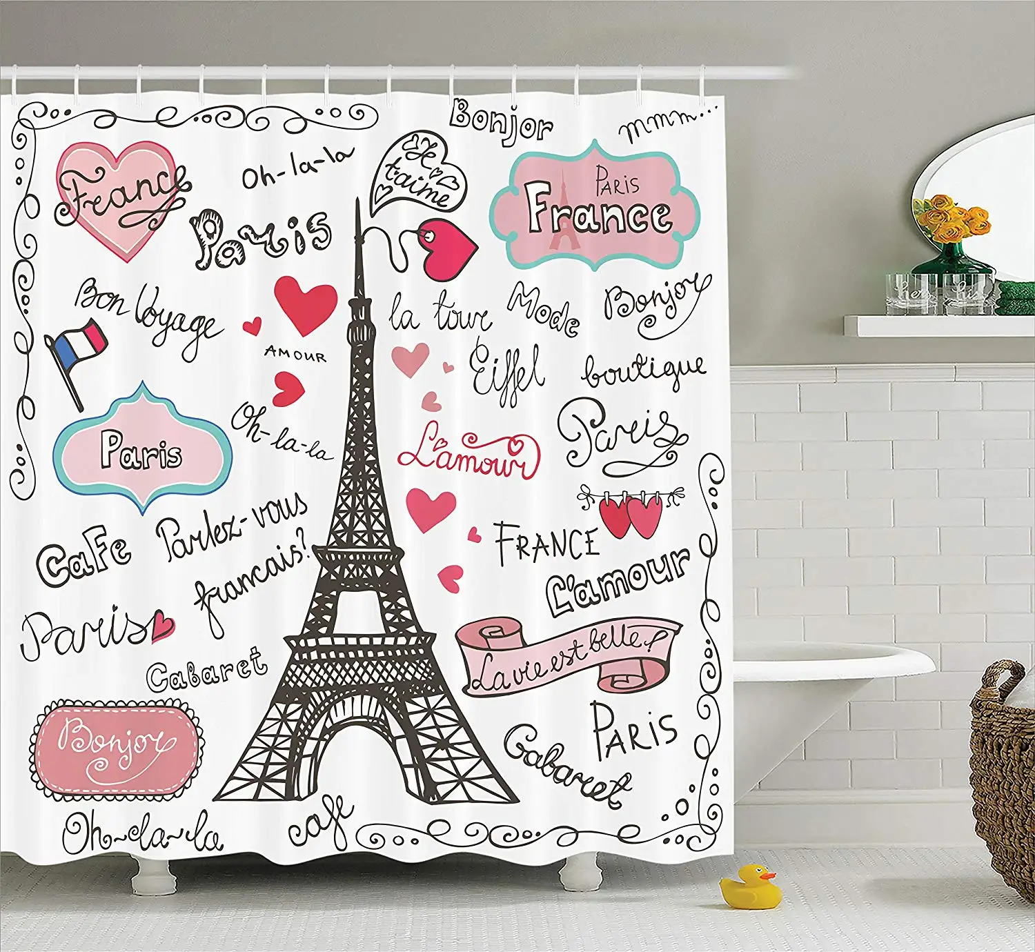 Valentine Shower Curtain Pink Decor Paris Symbols Lettering Heart