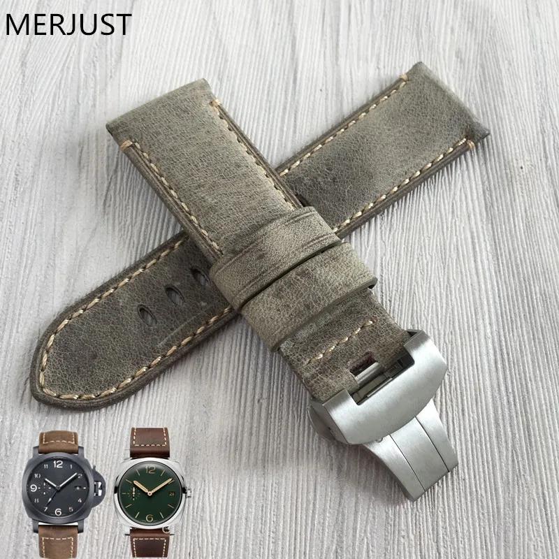 

24mm Handmade Stitched Genuine Calf Leather Watch Strap Band For deployment buckle Watchband Strap for PAM Send too
