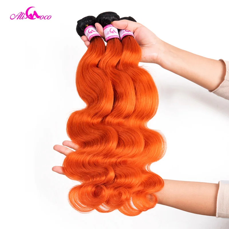 Ali Coco Бразильская волна тела с закрытием 1B/оранжевый цвет 10-28 дюймов человеческих волос 3/4 пучков и сделки remy наращивание волос