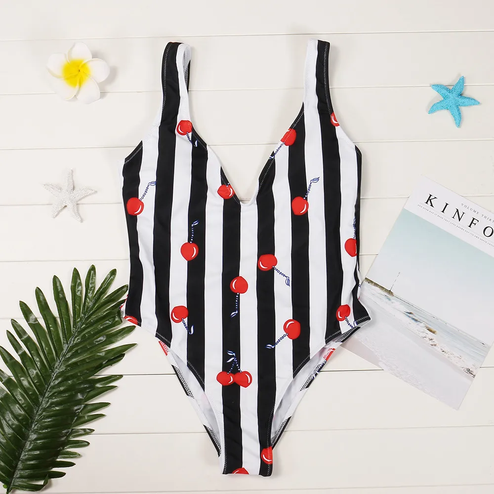 

Women Sexy One Piece Swimsuit Fashion Cherry Print White Push-Up Padded Bra Beach Bikini Swimsuit Printing Siamese Swimwear