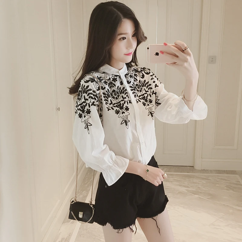 

Embroidery Floral Shirt Women Flare Long Sleeve Blouses Shirt Top Fashion Ladies Round Neck Plus Size Blusas Shirts S-5XL