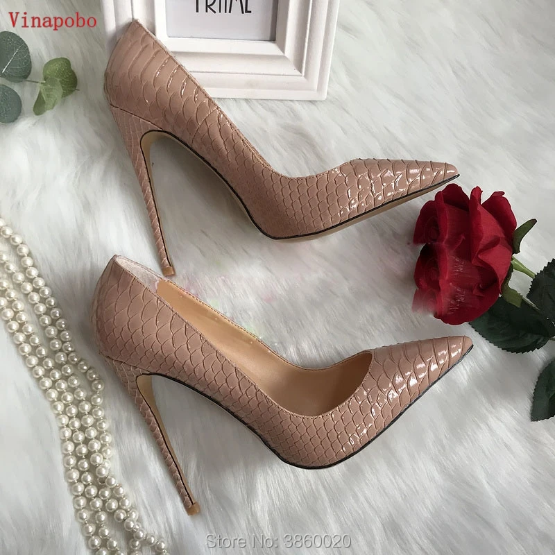 

Vinapobo Genuine Leather Women Shoes High Heel 2019 Spring High Heels Pumps nude Snake Print Ladies wedding shoes Plus Size 43