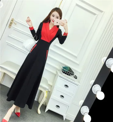 

High quality elegant women's spring new women's temperament stitching contrast color high waist A word dress fall Slim fit Wild
