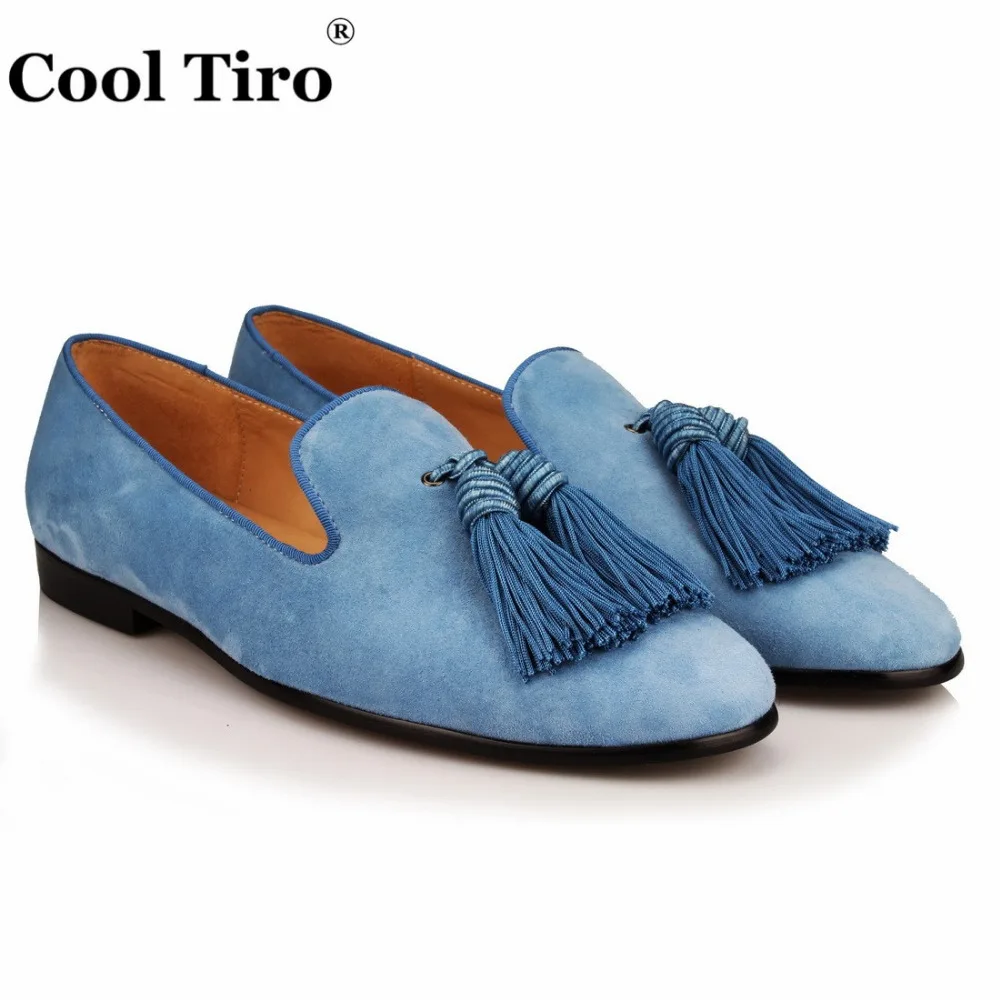 

COOL TIRO new Light blue tassel men smoking Slippers suede Fashion Genuine Leather Causal Shoes Handmade Party Flat Loafers