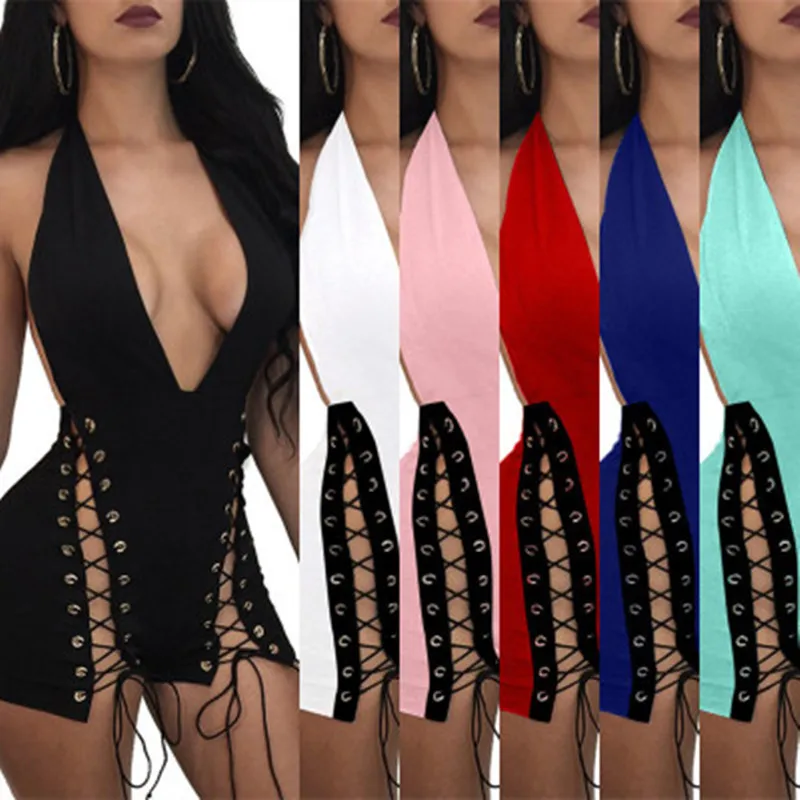 

Sexy V-neck Backless Women Playsuits New Arrival Hollow Out Halter Female Jumpsuit Bodysuits