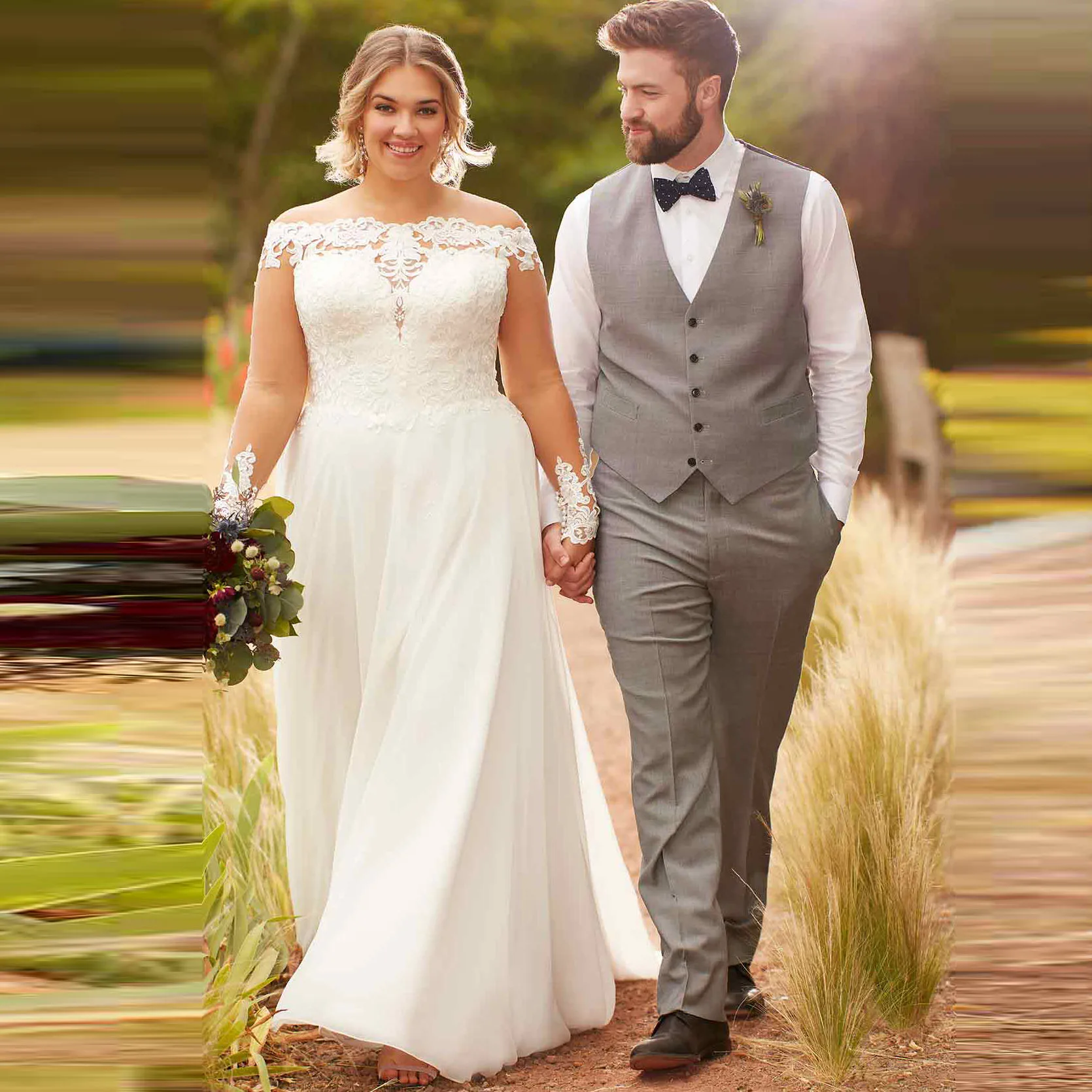 

Plus Size Princess Boho Wedding Dress Sheer Long Sleeve Chiffon A Line Appliqued Train Bride Dress Off The Shoulder Boat Neck