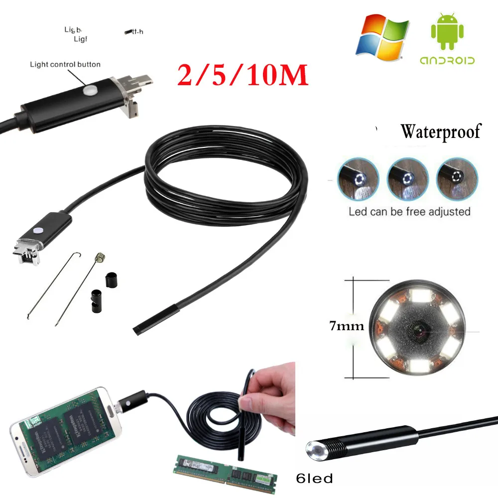Эндоскоп 7 мм 2 м 5 10 HD USB камера для Android эндоскопа IP67 в 1 бороскоп эндоскоп