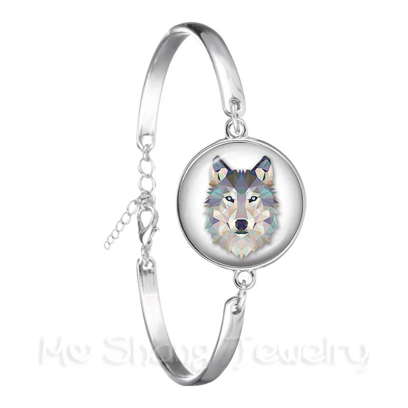 

Vintage Silver Plated Glass Dome Bracelet Wolf Head Pattern Glass Metal Buckle Punk Jewelry Charm Bangle For Wo'men