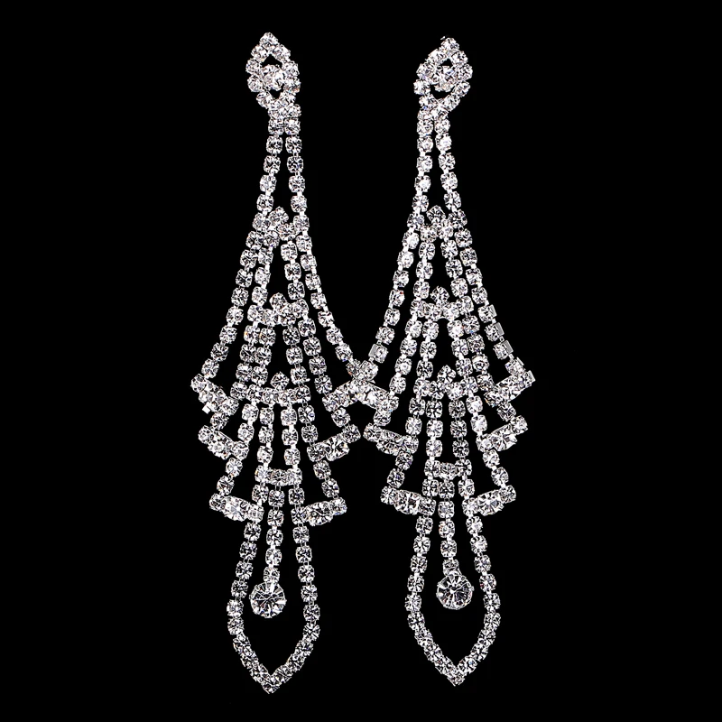 

WEDDING BRIDAL CLEAR RHINESTONE CRYSTAL 4" LONG EVENING PARTY LONG EARRINGS SILVER PLATED DIAMANTE JEWELRY ACCESSORIES HOT SALE