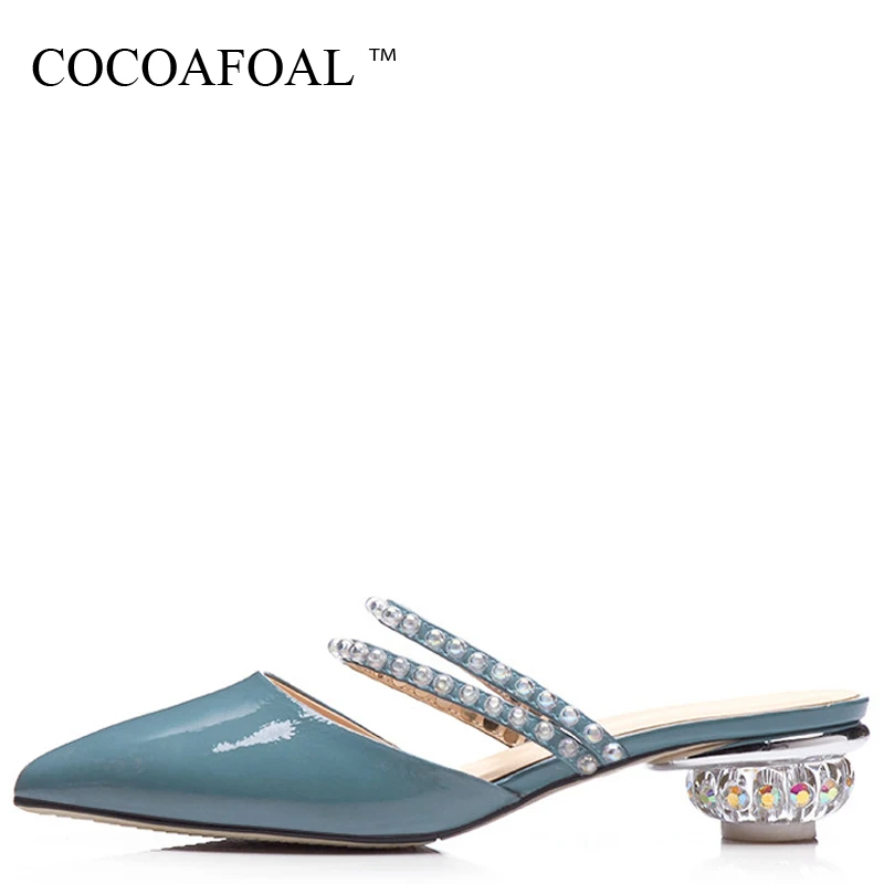 

COCOAFOAL Women's Summer Slides White Blue Sexy Sandbeach Crystal Slippers Genuine Leather High Heels Party Wedding Slides 42