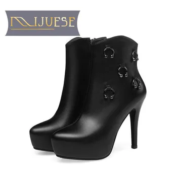 

MLJUESE 2020 women soft ankle boots cow leather autumn spring metal decoration platform zippers high heels boots