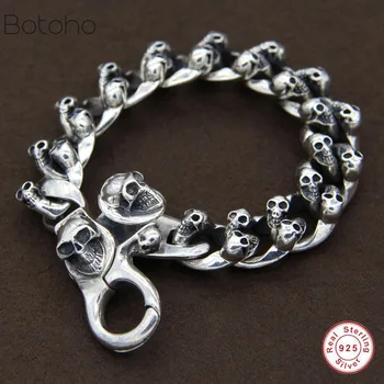 

Heavy Thai Silver Men Bracelets 925 Sterling Silver Skeleton Skull Bracelets for Men Punk Vintage Skull Chain Bracelets Jewelry