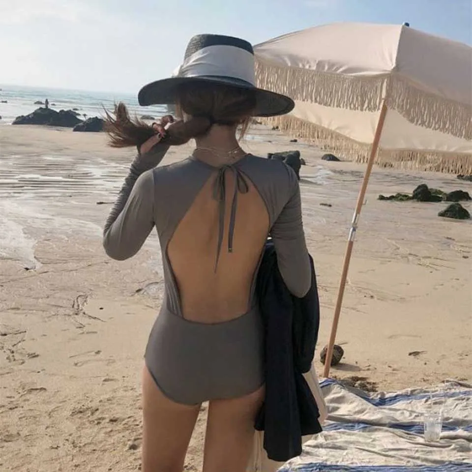 Корейский женский сдельный купальник Стильный Холтер бикини боди Купальники О-образный вырез сексуальный серый пляжная одежда Монокини