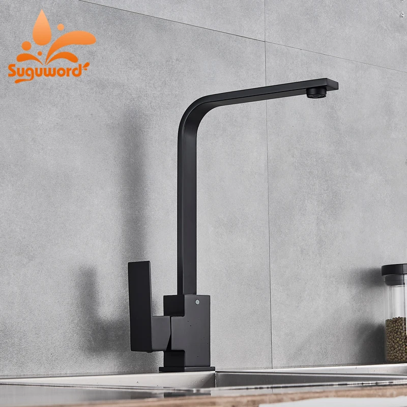 

Suguword Black Kitchen Faucet Deck Mounted Single Handle Mixer Tap Ceramic Valve Hot and Cold Water Switch