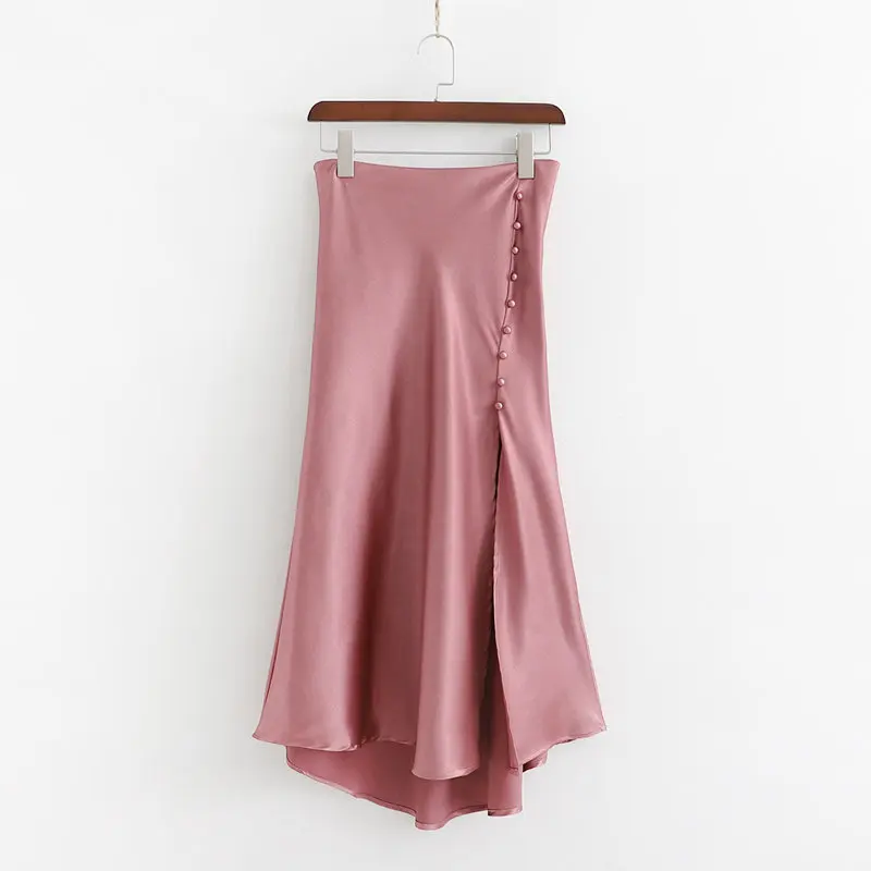 

2019 Sexy Split Women's Skirt Solid Button Asymmetry Elegant Party Skirt Silk satin Texture Spring Summer Midi Skirts