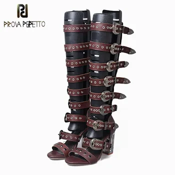 

Prova Perfetto Summer New Style Punk Rivet Open Toe Buckle Strap Sandal Boots Real Leather Rhinestone High Heel Women Sandal