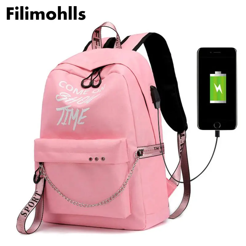 

Luminous USB Charge Women Backpack Fashion Letters Print School Bag Teenager Girls Ribbons Backpack Mochila Sac A Dos F-498