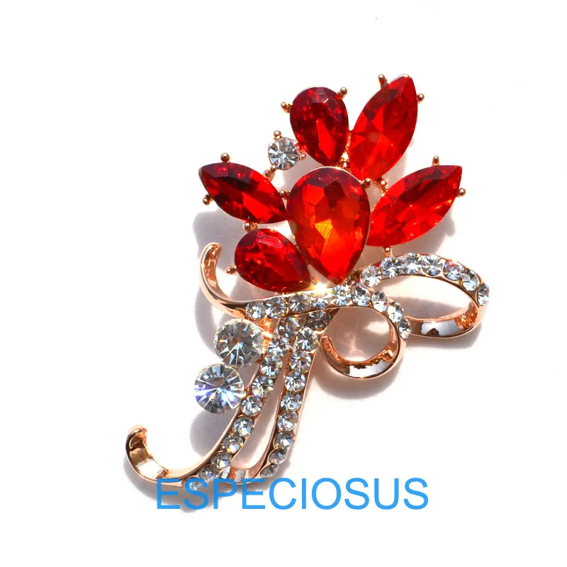 

New Elegant Red Cubic Zircon Terne Metal Flower Pin Women Gift Accessories Garment Jewellery Brooch Rhinestone Rose Gold Color