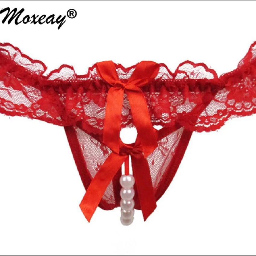 Moxeay нижнее белье, женские сексуальные трусики, кружевное нижнее белье, открытые стринги с t-образной спинкой, стринги с искусственным жемчугом, массажные трусы, 1 шт., один размер, одноцветные - Цвет: Red