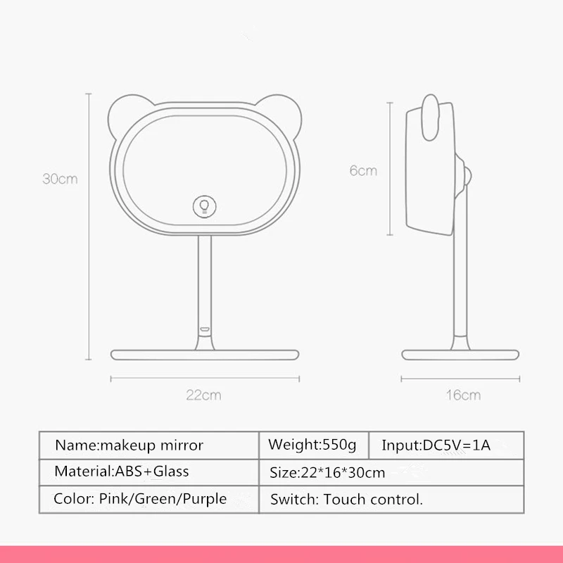Милое зеркало светодио дный для девочки, подарок, светодиодное зеркало для макияжа с медвежьими ушками, косметическое зеркало, лампа с