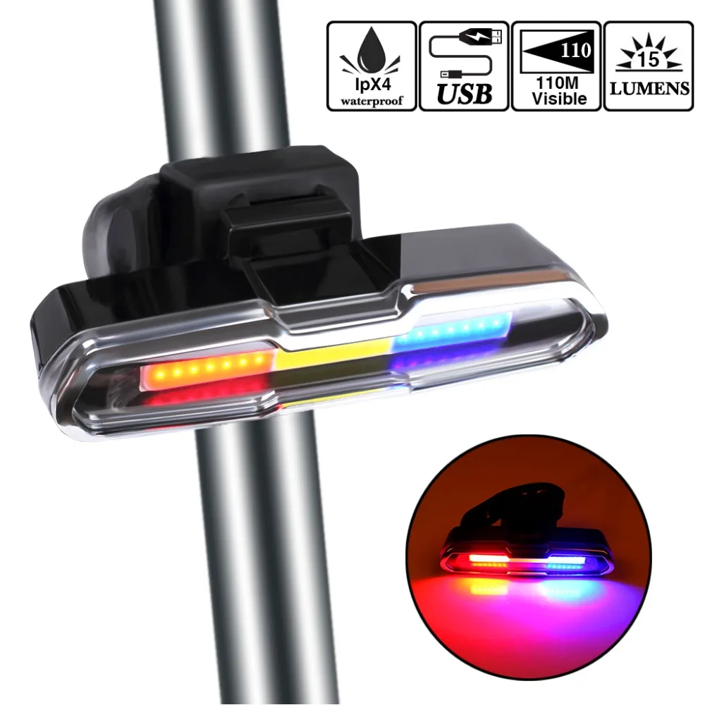 

USB Rechargeable LED Bicycle Tail Light With 3 Colors Light And 6 Lighting Modes Multipurpose Super Bright Bike Warning Light
